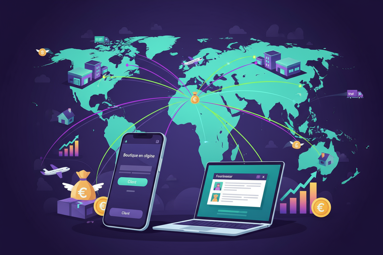 genere moi une image qui représente le monde du Dropshipping en français